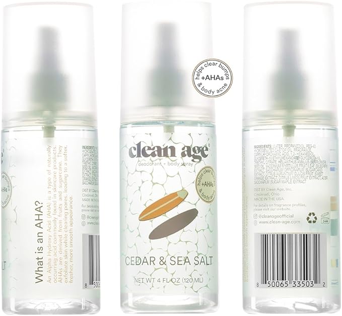 Aluminum Free Deodorant & Body Spray for Whole Body - Cedar 4oz (2 Pack) Clean Deodorant and Body Spray for Teen Boys and Girls - With AHA For Body Acne - Body Spray for Teens Formula