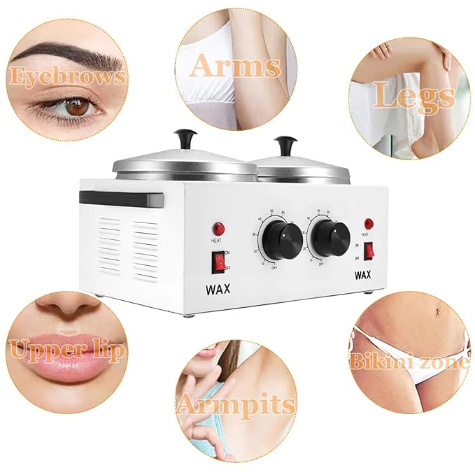 Wax Warmer Double Pot, Professional Electric Heater for Facial, Body, Spa, and Salon, 1.2L Dual Adjustable Temperature with 100 Wooden Craft Sticks, Hair Removal
