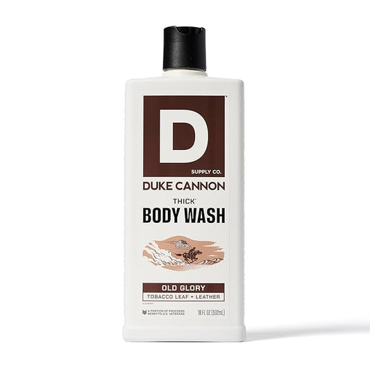 Duke Cannon Supply Co. Thick High Viscosity Body Wash – 3X Thicker, Cleansing Shower and Bath Gel, Mineral-Enriched for Men – Tobacco Leaf + Leather - Men’s Body Scrub – Old Glory Scent