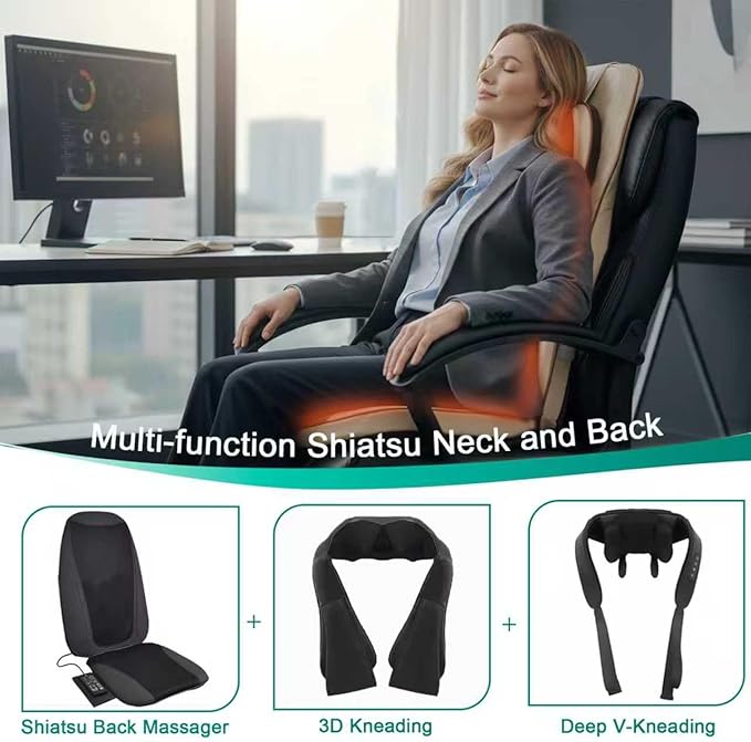 Shiatsu Neck Back Massager Chair Pad w/Heat - Full-Back Kneading, Rolling - Adjustable Neck Height & Intensity - Relieve Fatigue and Relax Muscle Tissue