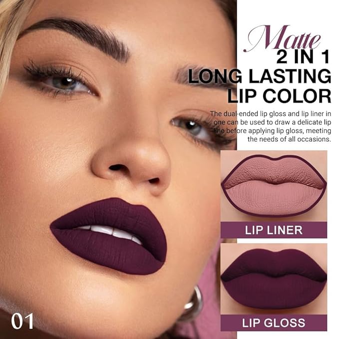 1Pcs 2 in 1 Dark Plum Purple Matte Lip Liner and Liquid Lipstick Stain Makeup Set for women, Purple Long Lasting Smudge Proof Lip Tint Matte Finish Lip Gloss for All-Day Color Hold Easy to Use 01#