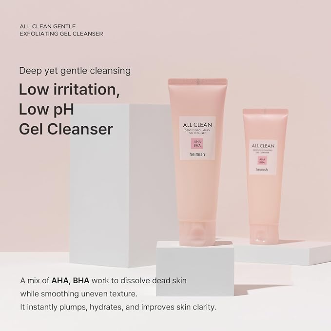 HEIMISH All Clean Gentle Exfoliating Gel Cleanser - Mild Exfoliating, Deep Cleansing, Pore Minimizing, Hydrating Face Cleanser for Sensitive skin with AHA BHA, Niacinamide, pH 5.5, 4.3fl.oz/130ml