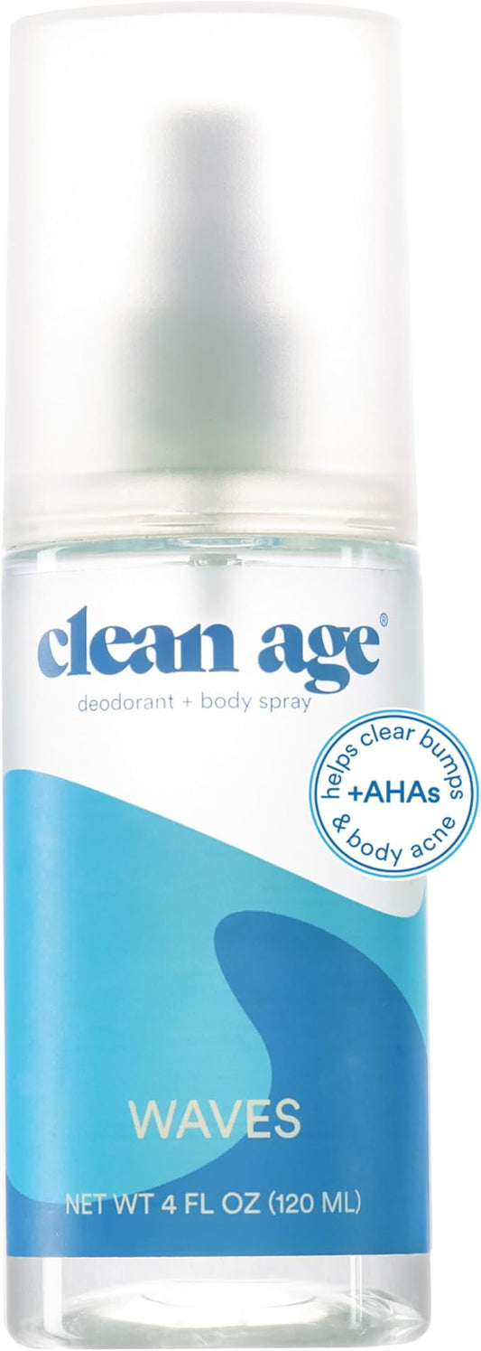 Aluminum Free Deodorant & Body Spray - Waves 4oz - Clean Deodorant and Body Spray for Teen Boys and Girls - With AHA For Body Acne