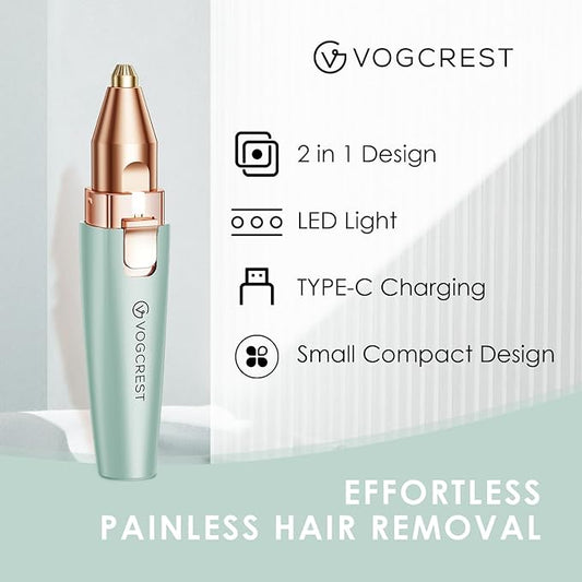 VG VOGCREST Eyebrow Facial Trimmer: 2 in1 Rechargeable Facial Hair Removal and Eyebrow Shaver - Face Lips Body Painless Facial Razor with Built-in LED Light (Pastel Green)