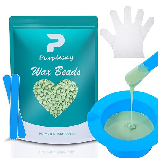 PURPESKY Wax Beads Bulk, 2.4lbs Hard Waxing Beans for Hair Removal, Brazilian Coarse Wax for Face, Leg, Bikini, Home Waxing Kit with Collapsible Bowl/Pot & Collapsible Bowl (Tea Tree)