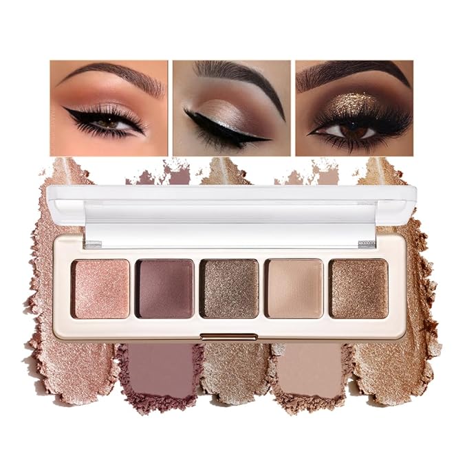 Neutral Eyeshadow Palette 5 Colors, Nude Brown Matte & Subtle Shimmer Shades, Highly Pigmented Blendable Long-Lasting Powder, Smooth No-Fallout Daily Eye Makeup Palette for Work and Natural Looks-C04