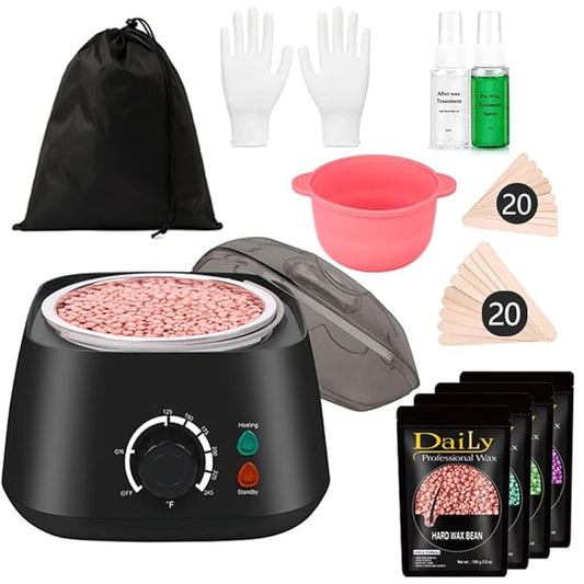 Wax Warmer Kit for Hair Removal - Hard Wax Kit for Sensitive Skin with Silicone Liner, 4 Bags Wax Beans - For Women Men, Face, Bikini, Brazilian, Body, Legs, Home Salon. (BLACK)