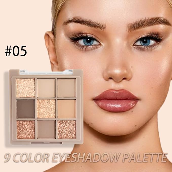 Matte Shimmer Nude Brown Eye Shadow Palette Makeup,Eyeshadow Long Lasting Waterproof Cruelty-Free , 9 Blendable Shades in Smooth Matte and Shimmer Finishes with Gorgeous Pearls for Girls (05#)