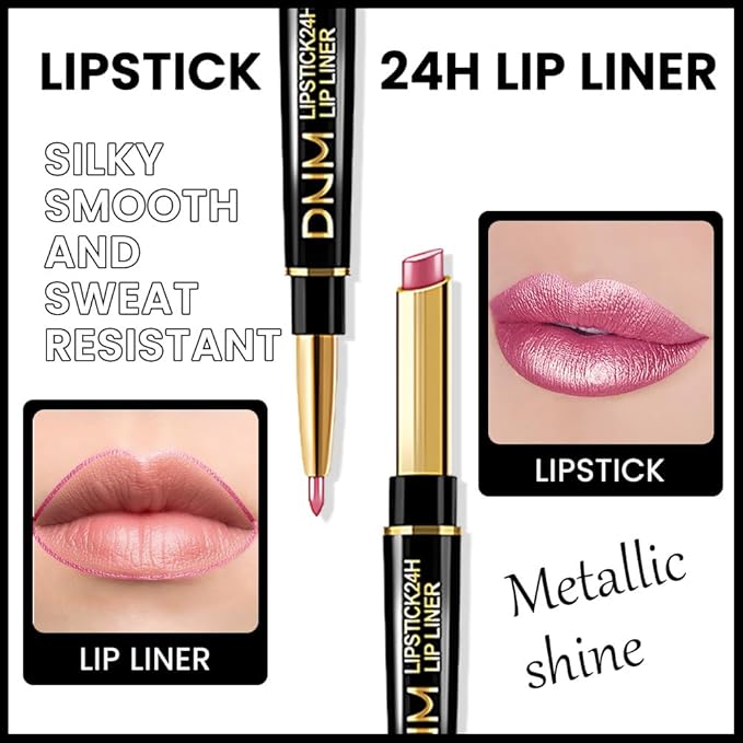 evpct 1Pcs Rose Pink Metallic Shine Shimmer Lip Liner and Lipstick Combo Set Kit for Women, Lightweight Hydrating Formula High Impact Full Coverage Lipstick and Lip Liner Makeup Stains Gloss, 21#