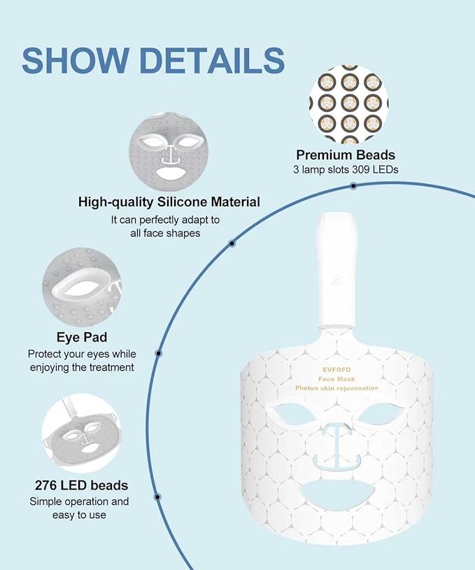 Red Light Photon Facial Mask with Wireless Rechargeable Design, 7 Custom Modes with Infrared, Portable & Rechargeable for Home Use, White