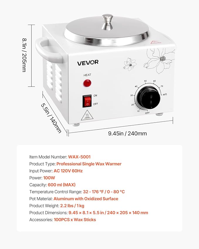 VEVOR Single Wax Warmer, 600ML Professional Wax Warmer for Hair Removal, 32 ℉ to 176℉ Adjustable Electric Waxing Heater Pot with 100PCS Waxing Sticks for Home Use, Beauty Salon, Spa