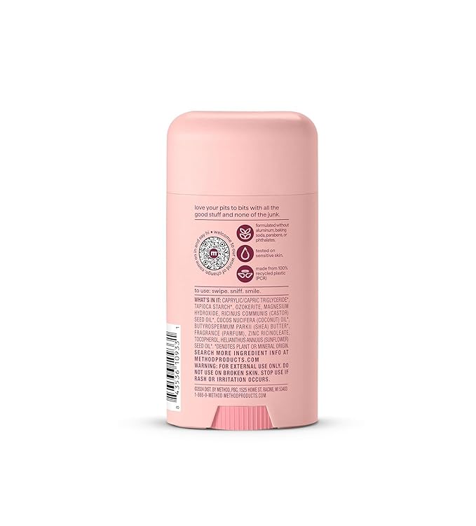 Method Deodorant, Pure Peace, Rose Water, Peonies + Pink Sea Salt notes, 24 Hour Odor Protection, 2.65 oz