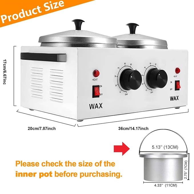 Wax Warmer Double Pot, Professional Electric Heater for Facial, Body, Spa, and Salon, 1.2L Dual Adjustable Temperature with 100 Wooden Craft Sticks, Hair Removal