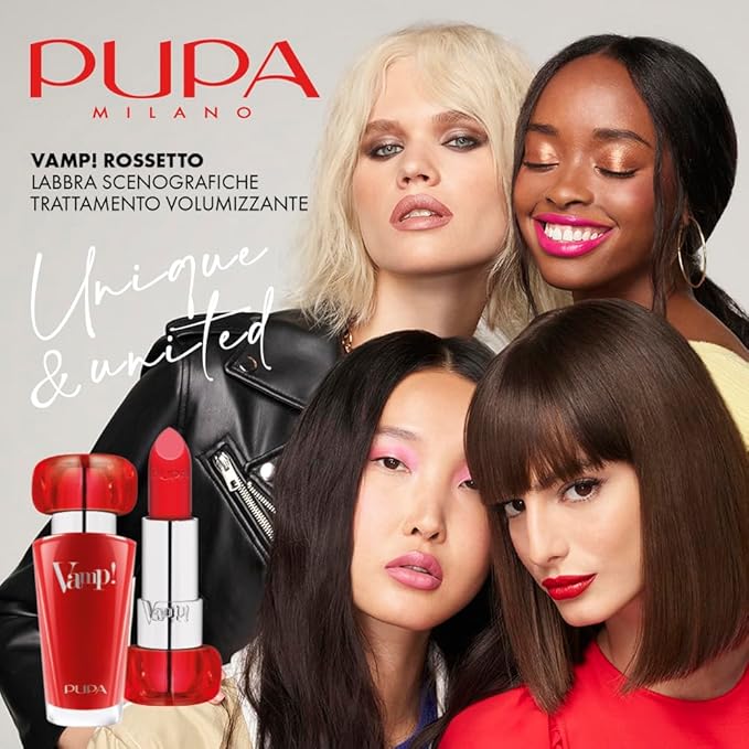 Pupa Milano Vamp! Extreme Colour Lipstick With Plumping Treatment - For Fuller, Defined Lips - Adds Incredible, Deep Color To Lips - Soft Texture Adheres Perfectly - 302 Ruby Red - 0.123 Oz