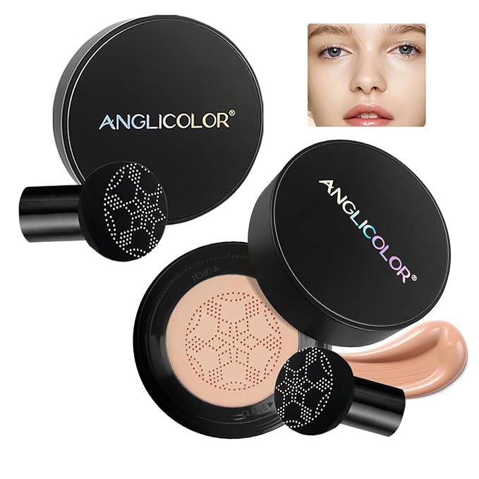 Anglicolor Mushroom Head Air Cushion CC Cream Strong Concealer 2PC,Face Makeup Cushion Foundation Long Lasting,Moisturizing BB Cream Makeup Base Primer Even Skin Tone for All Skin Types (2PC01)
