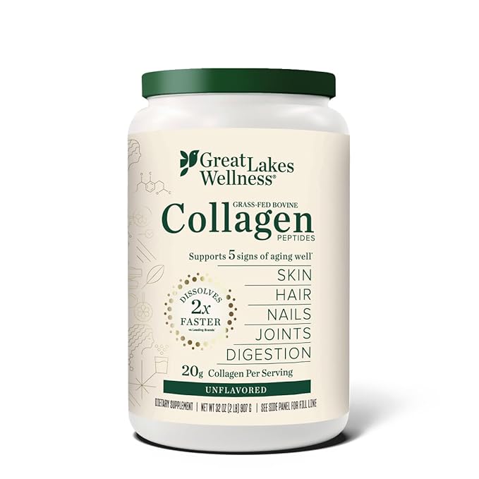 Great Lakes Wellness Bovine Collagen Peptides Powder for Skin, Hair, Nails, Joints & Digestion - Unflavored - Quick Dissolve Hydrolyzed, Non-GMO, Kosher - 32 oz