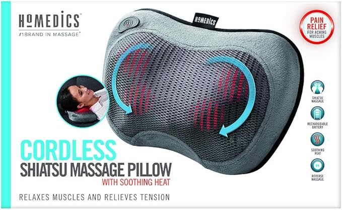 Homedics Cordless Shiatsu All-Body Massage Pillow with Soothing Heat, Reverse Function, Rechargeable Battery, and Integrated Controls –Lightweight
