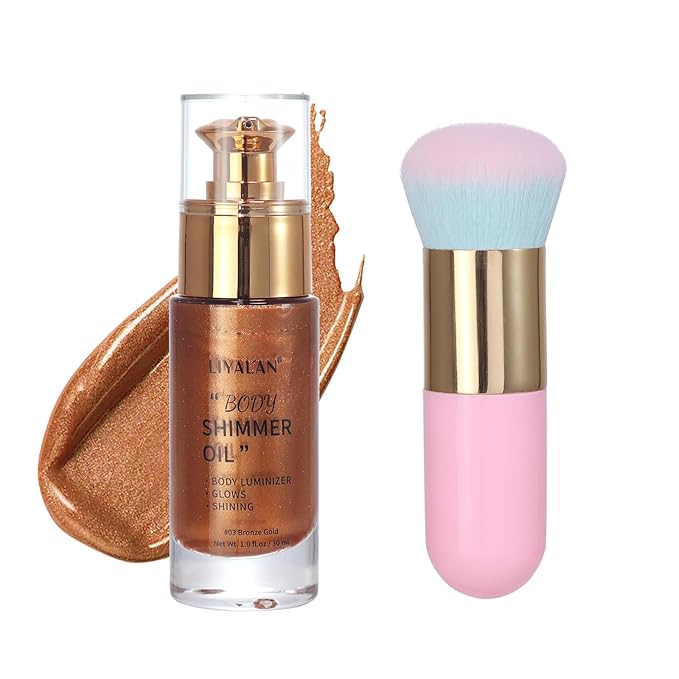 Liyalan Shimmer Body Oil Bronze Gold 1.0 fl.oz Face Glow Pearl Highlighter Illuminator Long-Lasting Shine Glitter Liquid Tanning with Makeup Brush