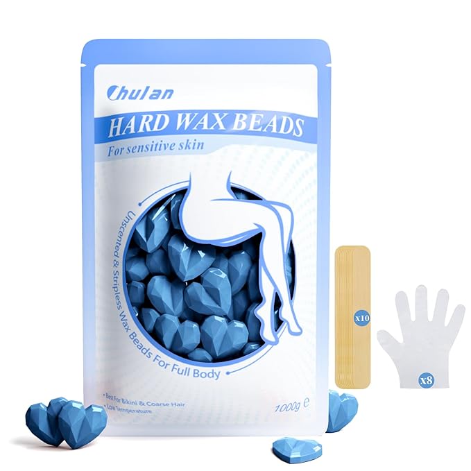 Chulan Hard Wax Beads, 1000g Heart Wax Beans for Sensitive Skin, Hypoallergenic Waxing Bead for Coarse Hair Removal, Body, Brazilian, Bikini, Legs, Armpits Women Home Blue