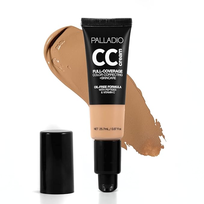 Palladio Full-Coverage Color Correction CC Cream, Oil-Free with Peptides & Vitamin C, Buildable Foundation Coverage (Tan 40W, Warm Undertone),0.87 Fl Oz (Pack of 1)