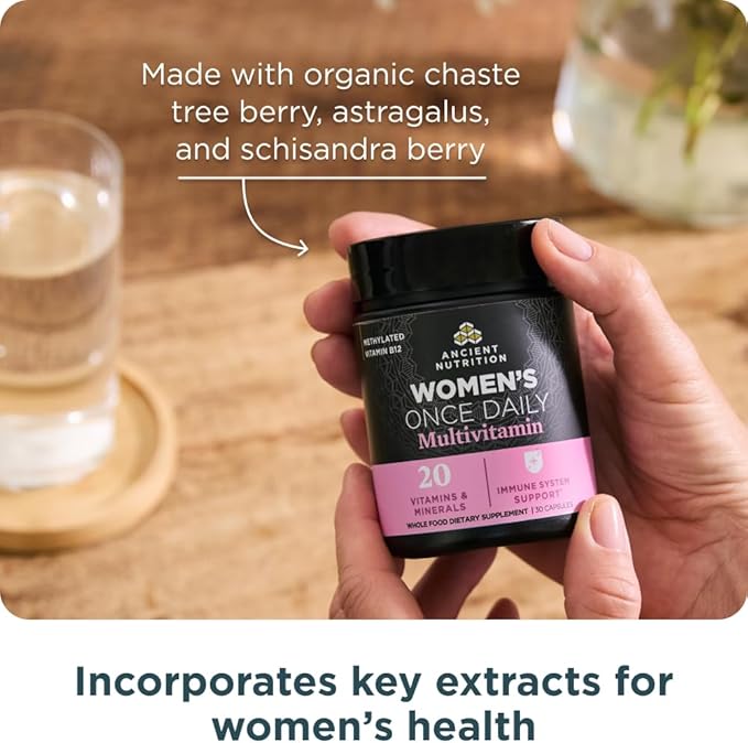 Ancient Nutrition Multivitamin for Women, Women's Once Daily Supplement, Methlyated Vitamin B, C, K2, Magnesium, Folate & Iron, Supports Bone Health, 30 Count