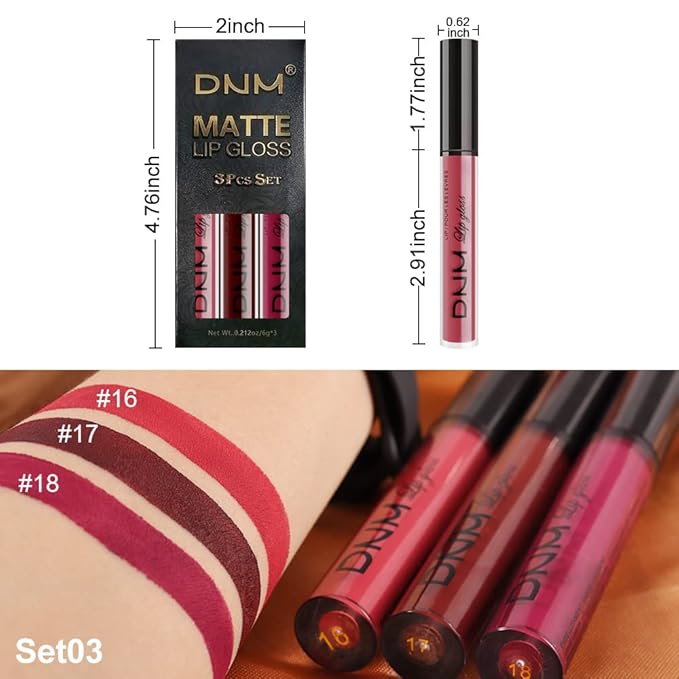 AMY'S DIARY 3Pcs Dark Red Matte 24 hour Liquid Lipstick Sets,Matte Lip Stain Long Lasting 24 Smudge Waterproof Lip Gloss Gift Makeup Set Lipstick for Women Lippies (06)