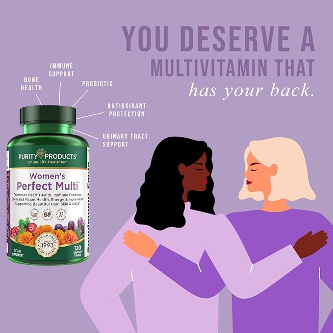 Purity Products Women’s Perfect Multi Balanced Multivitamin - Supports Urinary Tract Health, Immune, Bone + Muscle, Hair, Skin, Nails, an Elite Probiotic for Digestive Health + More - 120 Tablets