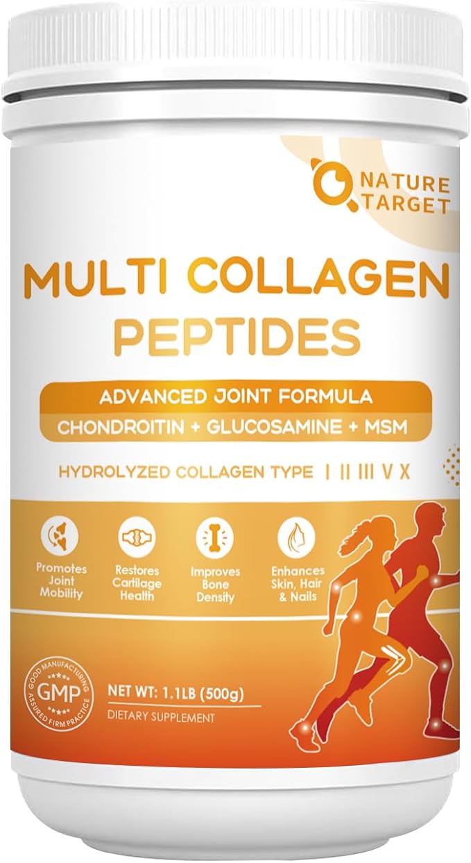 NATURE TARGET Multi-Collagen-Peptides-Powder for Joint Support, Hydrolyzed Collagen for Women Men with MSM + GC, Type I II III V X Collagen for Skin Hair & Nail, Non-GMO, 50 Servings