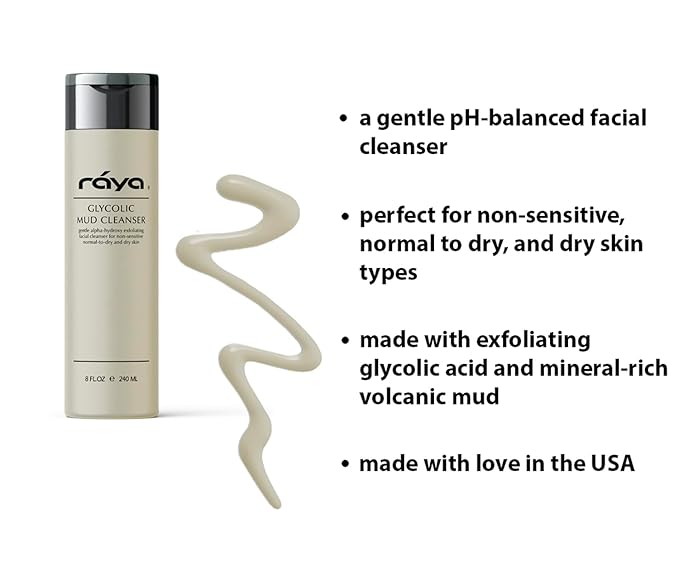 Raya Glycolic Mud Facial Cleanser with AHA 8 oz (G-103) | Exfoliating pH Balanced Facial Cleansing Fluid for Non Sensitive, Dry and Combination Skin | Made with Alpha Hydroxy Acid and Volcanic Mud
