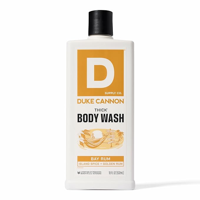 Duke Cannon Supply Co. Thick High Viscosity Body Wash - 3X Thicker, Cleansing Shower and Bath Gel, Mineral-Enriched Body Wash for Men - Island Spice And Golden Rum - Mens Body Scrub - Bay Rum (18 oz)