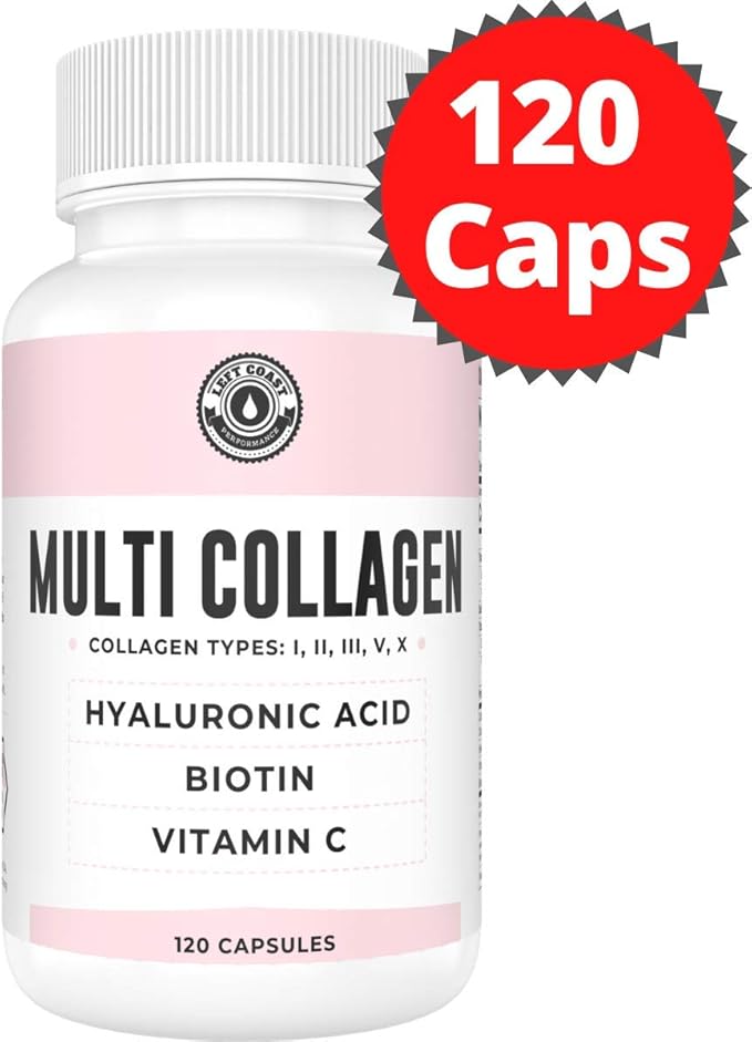Collagen Capsules with Biotin, Hyaluronic Acid, Vitamin C, Hydrolyzed Multi Collagen Peptide Capsules Types I, II, III, V, X For Skin, Hair, Nails and Joint Health Supplement* 120 Count