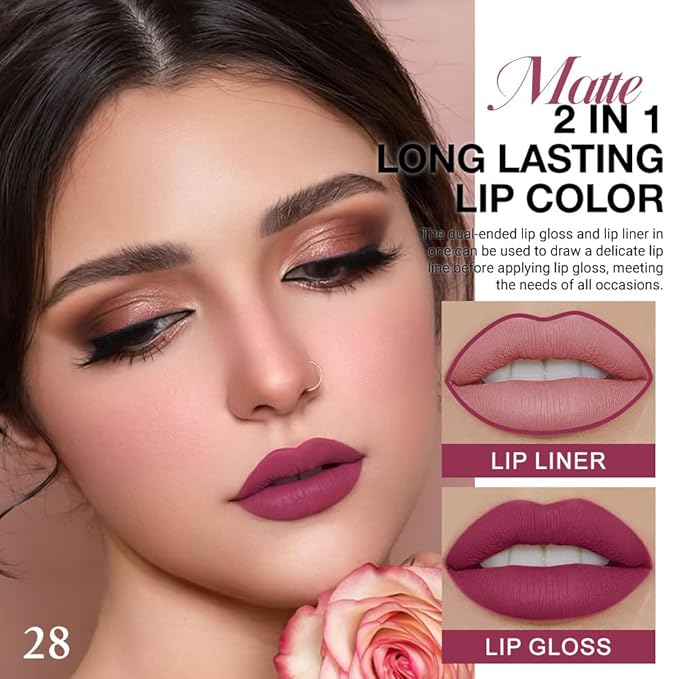 evpct 1Pcs Rose Plum Neutral Matte Lip Liner and Liquid Lipstick Stain Makeup Set for women, Rose Long Lasting Smudge Proof Lipstick labiales matte mate larga duracion listip 24 hours originales, 28#