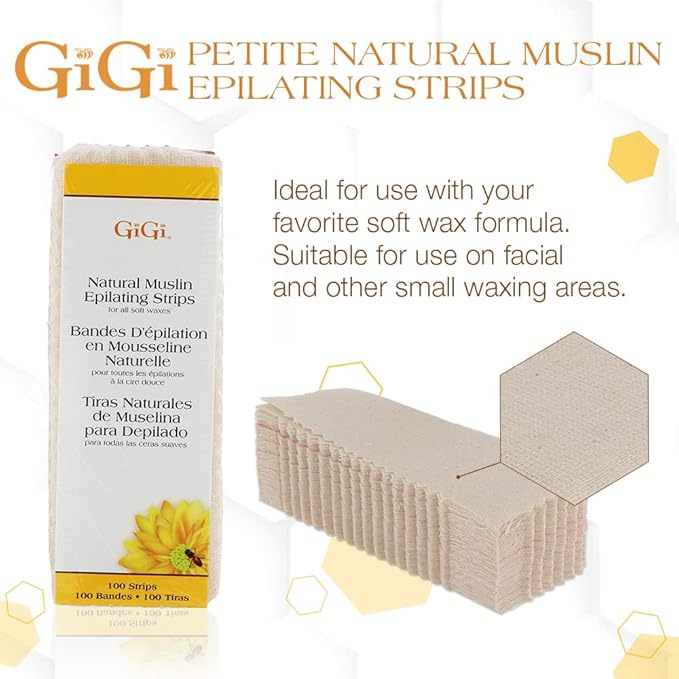 GiGi Waxing Strips for Hair Waxing/Hair Removal, Small Natural Muslin, 100 Epilating Strips