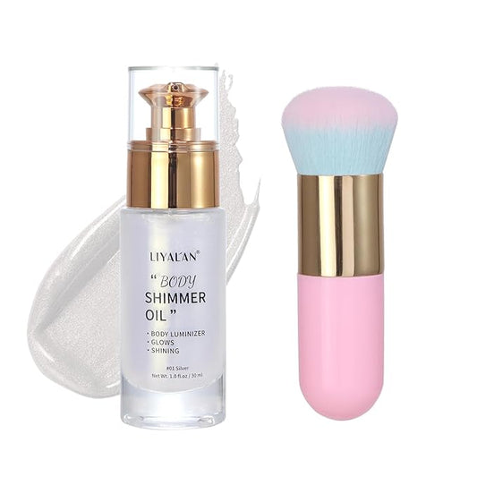 Liyalan Shimmer Body Oil Silver Color 1.0 fl.oz Face Glow Pearl Highlighter Illuminator Long-Lasting Shine Glitter Liquid Tanning with Makeup Brush