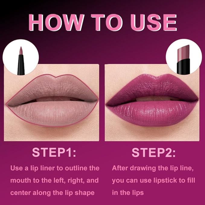 2Pcs 2 in 1 Matte Purple Lip Liner and Lipstick Combo Set for Women,Lipstick Stain Lip Liner for Daily & Party Long Lasting Waterproof Smudge Proof 24 Hour Full Coverage Vegan Lip Makeup Kit
