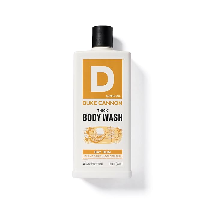 Duke Cannon Supply Co. Thick High Viscosity Body Wash - 3X Thicker, Cleansing Shower and Bath Gel, Mineral-Enriched Body Wash for Men - Island Spice And Golden Rum - Mens Body Scrub - Bay Rum (18 oz)