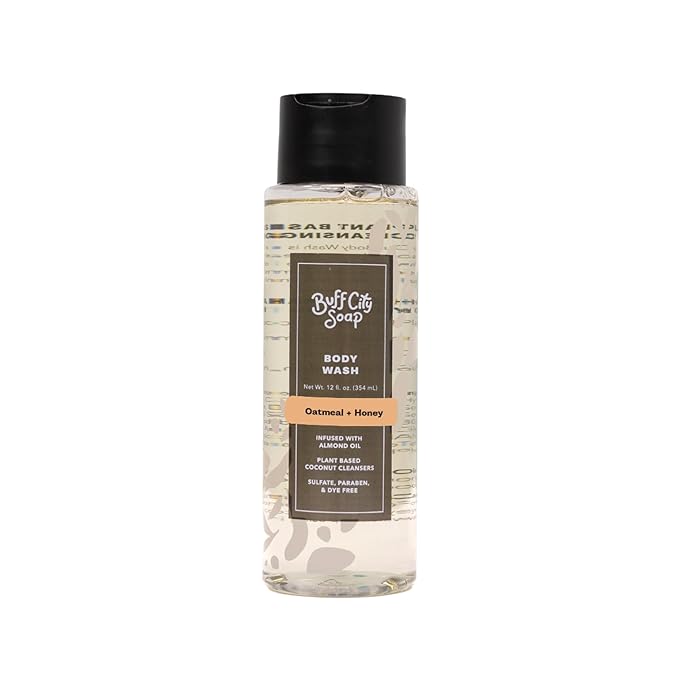 Buff City Soap Plant-Based Body Wash - Coconut Cleansers & Almond Oil Infused, Gentle & Rich Non-Drying Lather, Helps Reduce Moisture Loss & Supports Natural Skin Barrier - Oatmeal & Honey, 12 floz