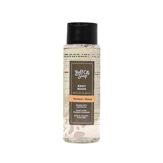 Buff City Soap Plant-Based Body Wash - Coconut Cleansers & Almond Oil Infused, Gentle & Rich Non-Drying Lather, Helps Reduce Moisture Loss & Supports Natural Skin Barrier - Oatmeal & Honey, 12 floz