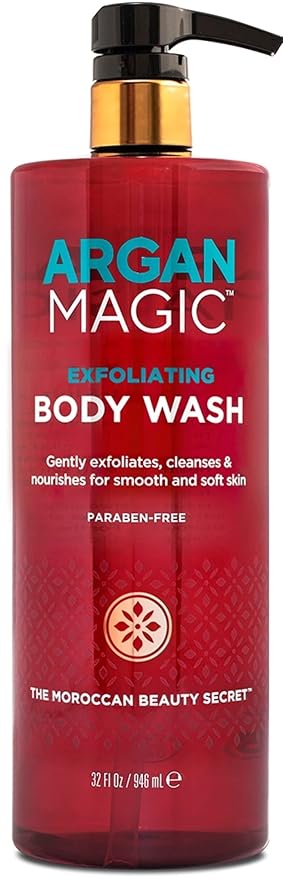Argan Magic Exfoliating Body Wash - Exfoliates Cleanses Nourishes & Hydrates to Soften Skin - With Lactic Acid, Glycolic Acid, & Argan Oil | Gentle & Paraben Free (32 oz)
