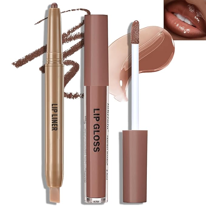 Brown Lip Liner and Gloss Kit, Matte Lip Liner Pencil with Silicone Brush for Lips Contour, Moisturizing Lightweight Non-Sticky Lip Gloss for Women High Shine Liquid Lipstick Makeup, Set C8