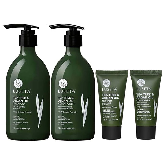 Luseta Tea Tree Shampoo and Conditioner Set - Full and Travel Size for Oily Hair, Clarifying Dandruff with Argan Oil Repair (2x16.9 fl oz + 2x1.01 fl oz)