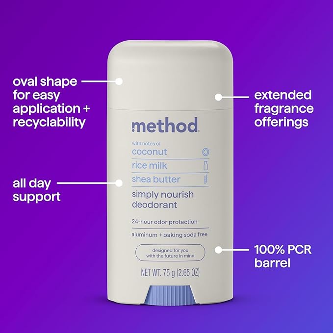 Method Deodorant, Simply Nourish, Coconut, Rice Milk + Shea Butter notes, 24 Hour Odor Protection, 2.65 oz