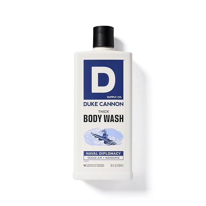 Duke Cannon Supply Co. Thick High Viscosity Body Wash - 3X Thicker, Cleansing Shower and Bath Gel, Mineral-Enriched Body Wash - Citrus Musk + Cedarwood - Mens Body Scrub - Naval Diplomacy (18 oz)