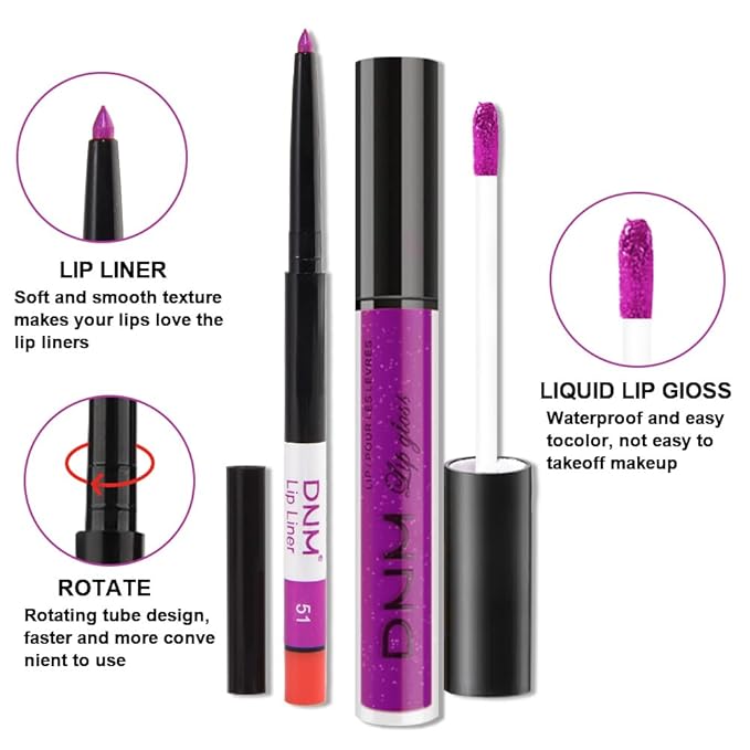 evpct 2Pcs Purple Shimmer Glitter Shiny Liquid Lipstick Lip Gloss Stain and Retractable Lip Liner Makeup Set for Women Long Lasting Waterproof 24 Hours Lipstick labial mate larga duracion 24 51#