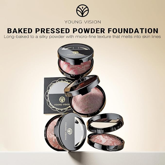 YOUNG VISION Pressed Powder Foundation Makeup, Baked Color Blush & Color Correcting Powder, Buildable Light to Medium Makeup Converage for Face and Cheeks, Matte Finished (Ethereal Rose)