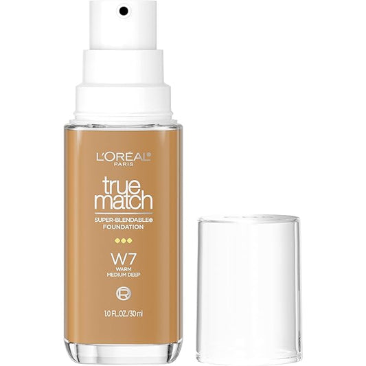 L'Oreal Paris True Match Super-Blendable Foundation, Medium Coverage Liquid Foundation Makeup, W7, Medium Deep, 1 Fl Oz