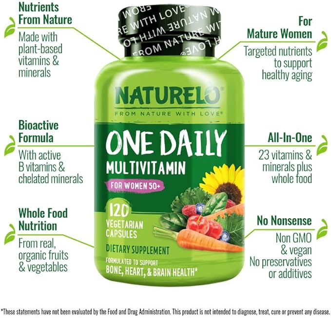 NATURELO One Daily Multivitamin for Women 50+ (Iron Free) - Menopause Support for Women Over 50 - Whole Food Supplement - Non-GMO - No Soy - 120 Capsules - 4 Month Supply