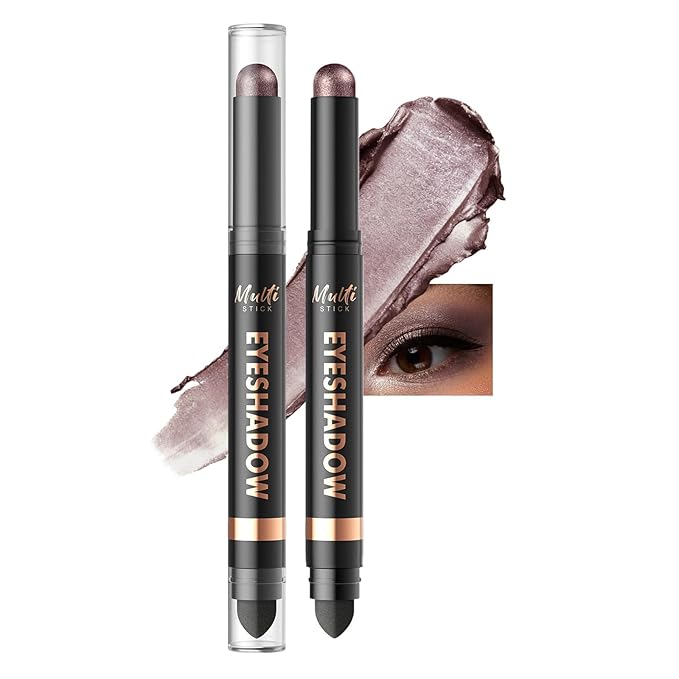 Dual-Ended Cream Eyeshadow Stick, Shimmer Waterproof Long-Lasting Crease-Proof Glitter Eye shadow Pencil for Women, Smooth Blendable Eye Shadow Crayon with Built-in Smudger, 04 Plum Smoke
