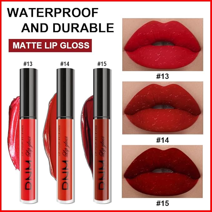 AMY'S DIARY 3Pcs Bright Red Matte Liquid Lipstick Sets, Lip Stain Long Lasting 24 Waterproof Lip Gloss Gift Set Matt Makeup for Women Lippies (05)