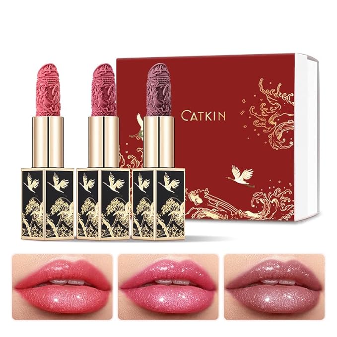 Catkin Lipstick Gift Set for Women, Full Coverage Shimmer Glow Finish, Long Lasting Weightless with Hydrating Creamy Texture 0.13 oz x 3pcs